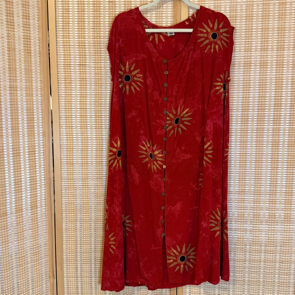 Vintage Red Sunburst Celestial Cotton Midi Dress Handmade Indonesia Large Boho